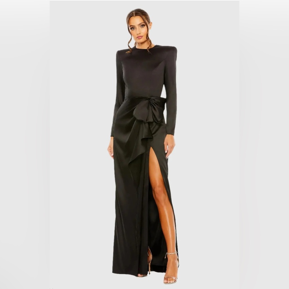 New MAC DUGGAL Black Long Sleeve Satin Structured Bow Draped Column Gown Size 6 - Picture 10 of 11